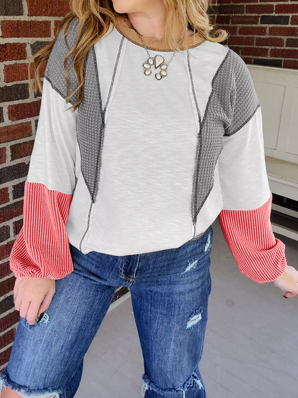 Color Block Textured Knit Patchwork Casual Top