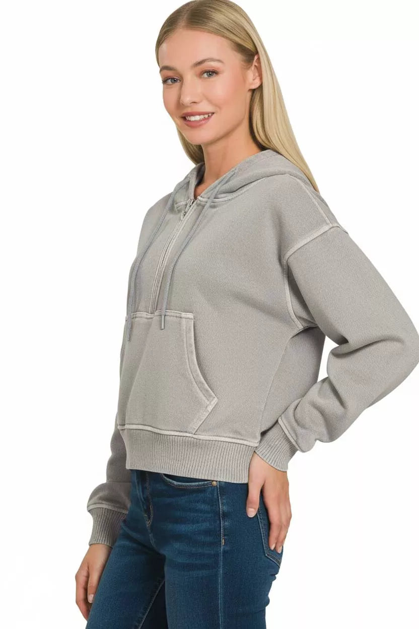 Zenana Fleece Pigment Dye Half Zip Kangaroo Pocket Hoodie