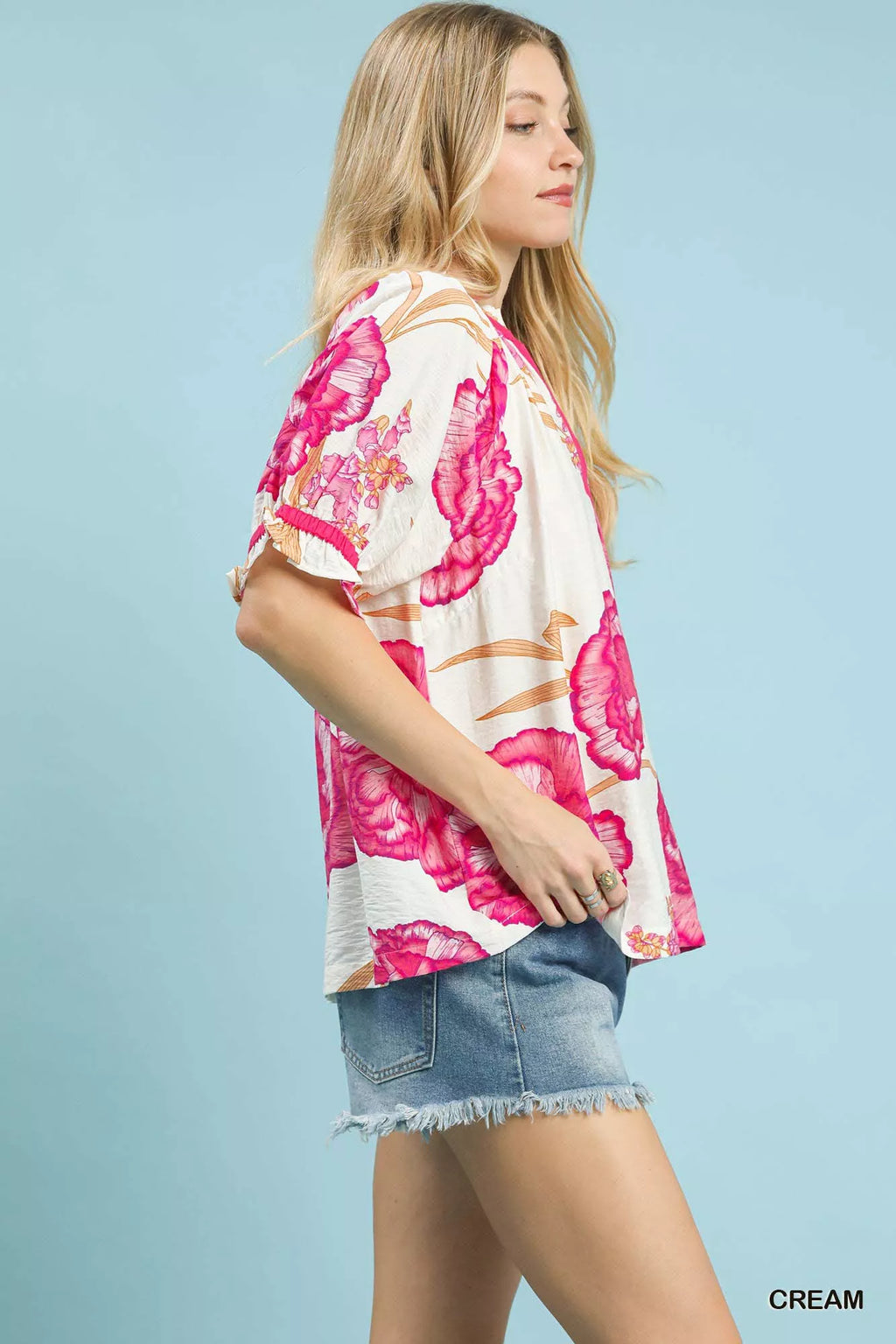Umgee Floral V-Neck Puff Sleeve Blouse