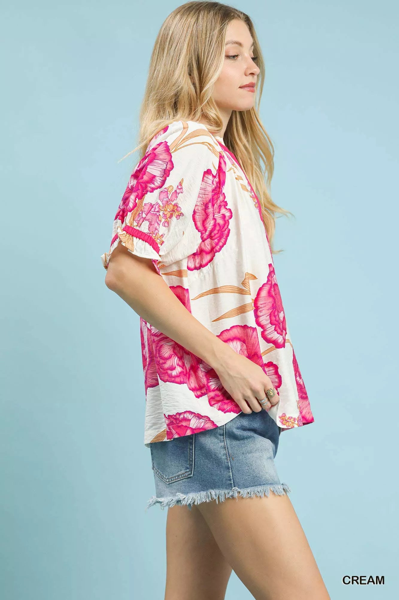Umgee Floral V-Neck Puff Sleeve Blouse