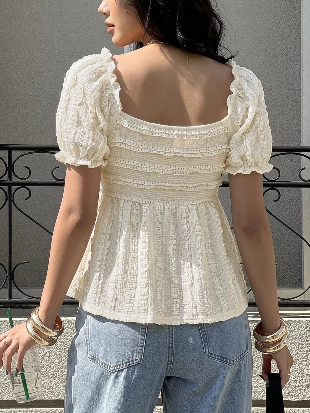 Textured Sweetheart Neck Puff Sleeve T-Shirt