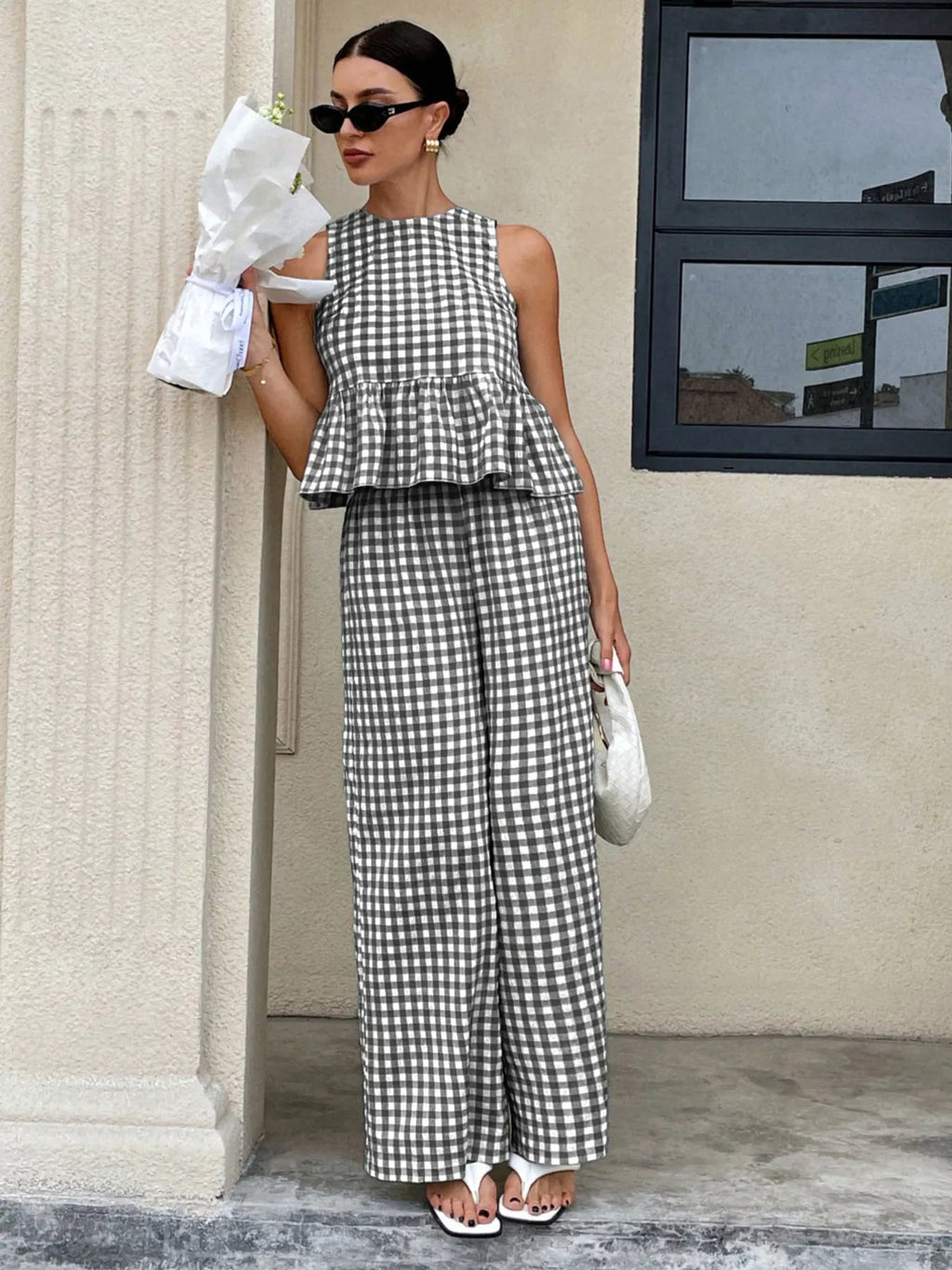 Gingham Sleeveless Top and Wide Leg Pants Set