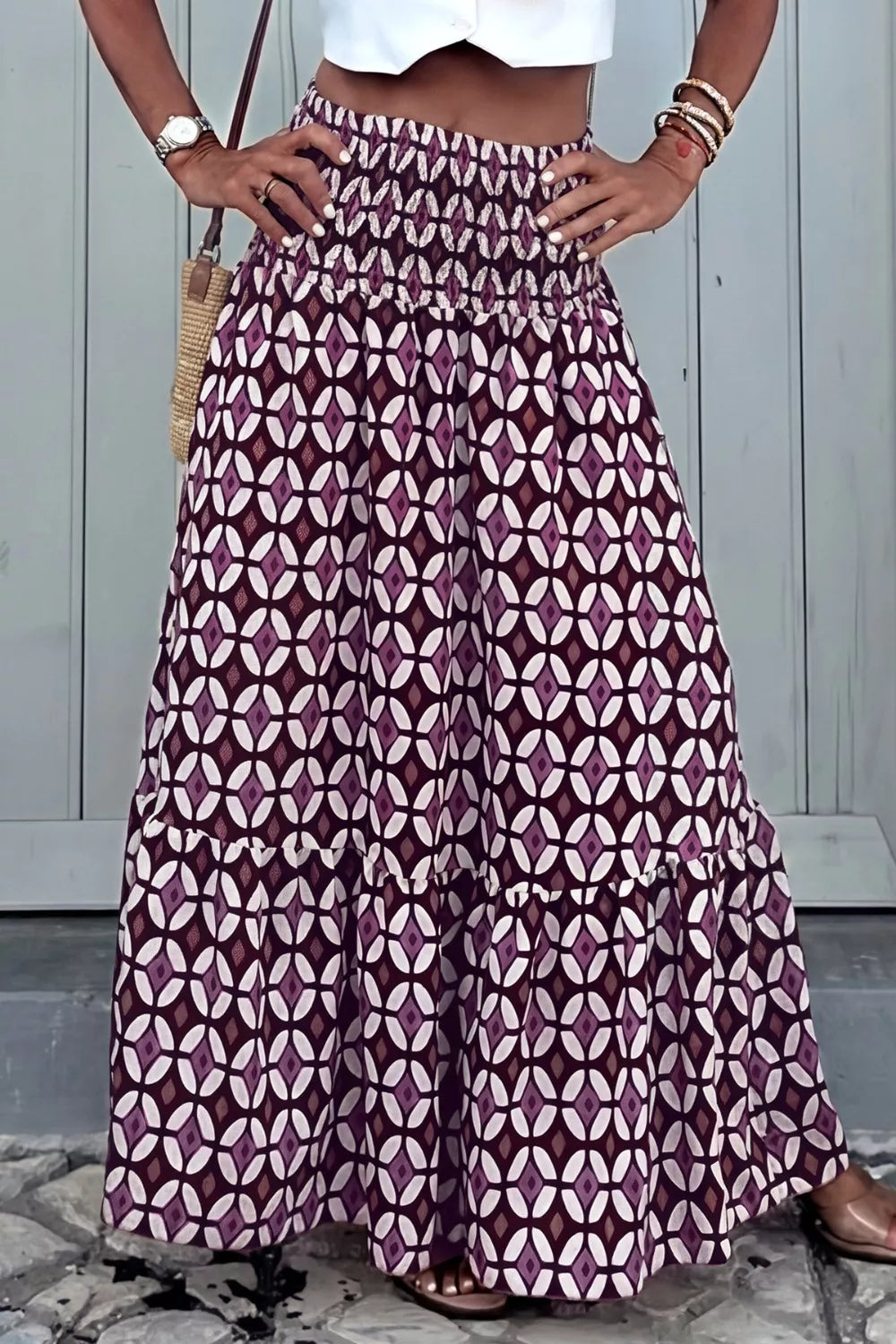 Geometric Print Smocked Waist Maxi Skirt