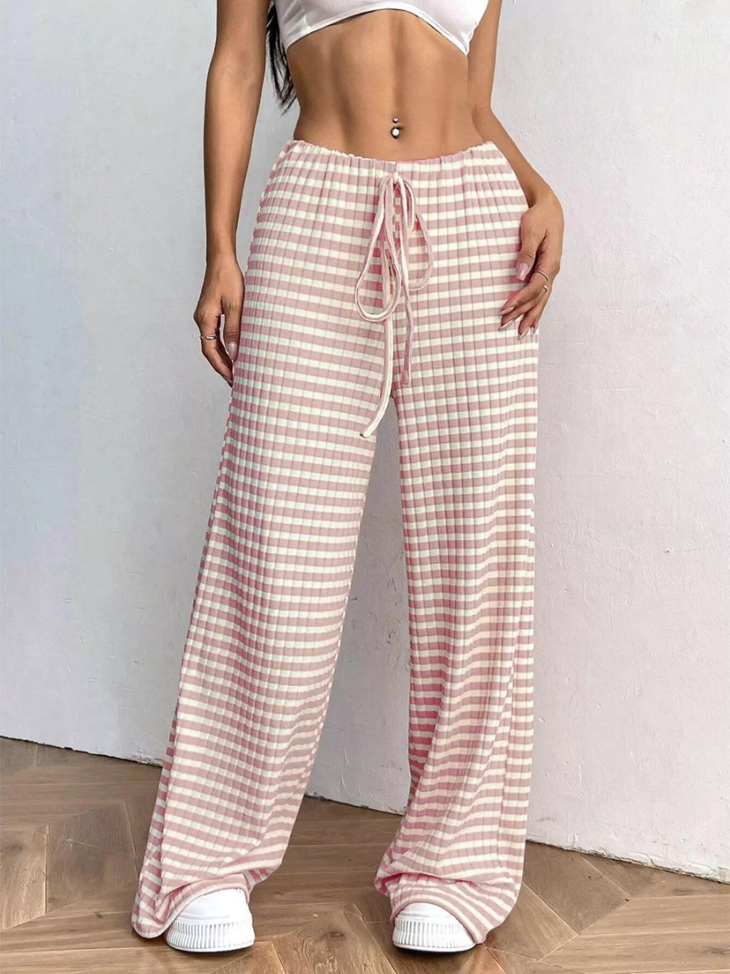 Striped Ribbed Knit Drawstring Waist Wide Leg Pants