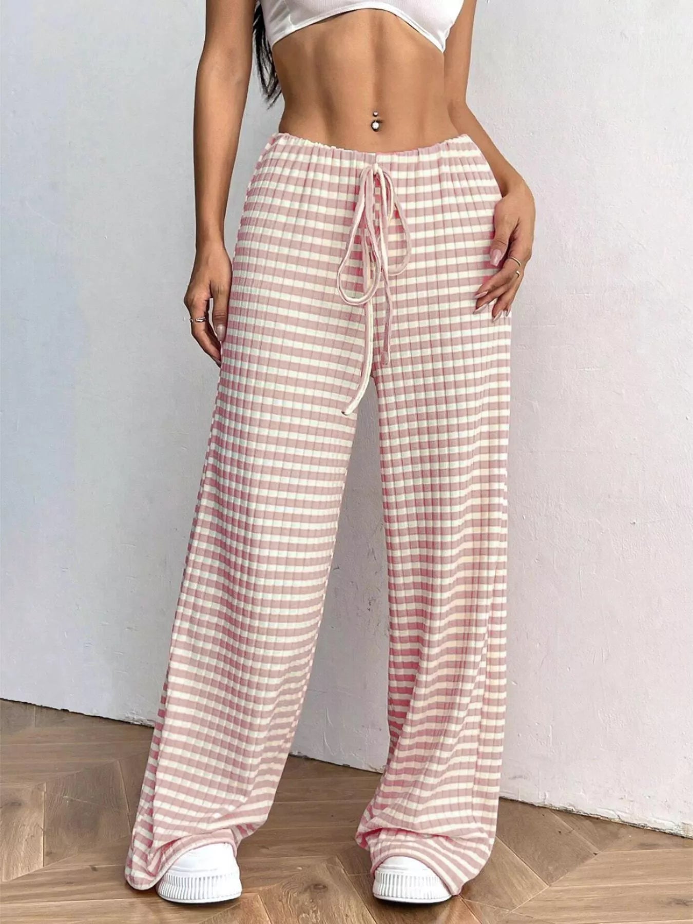 Striped Ribbed Knit Drawstring Waist Wide Leg Pants