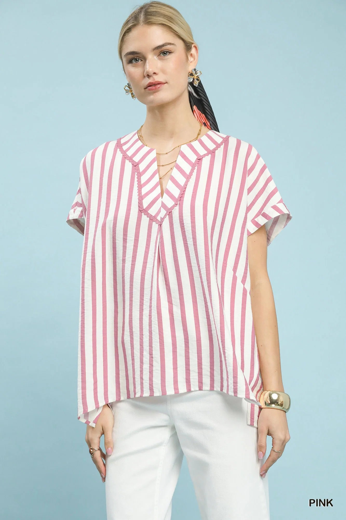Umgee Mixed Stripe Split Neck Oversized Blouse