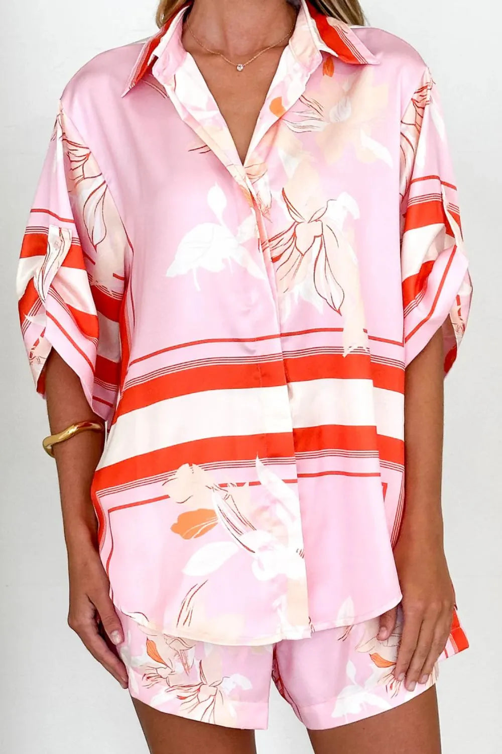 Printed Collared Neck Top and Shorts Set