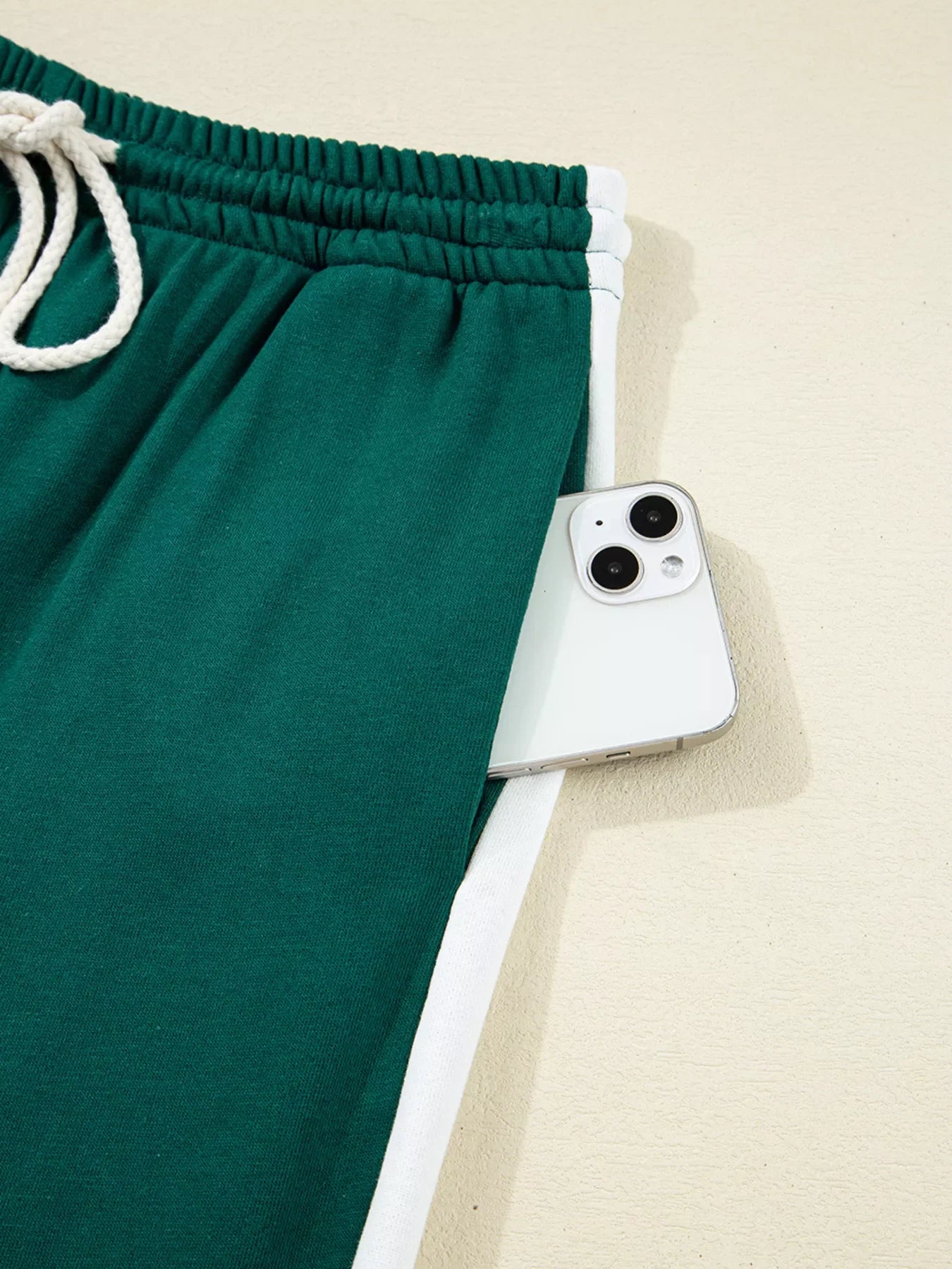 Round Neck Top and Stripe Detail Drawstring Pants Set