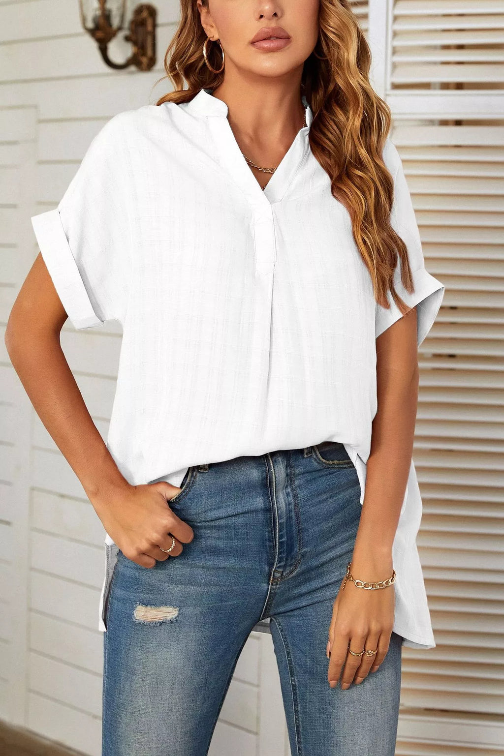 Notched Short Sleeve Blouse