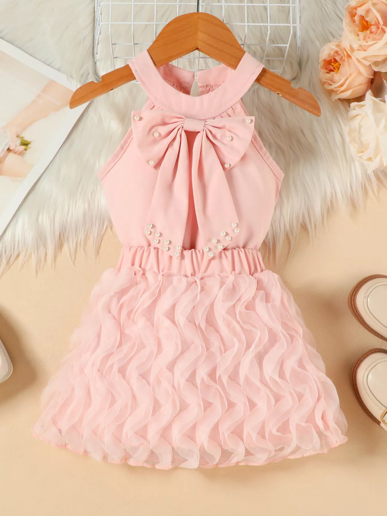 Children's Pearl Bowknot Top and Skirt Set