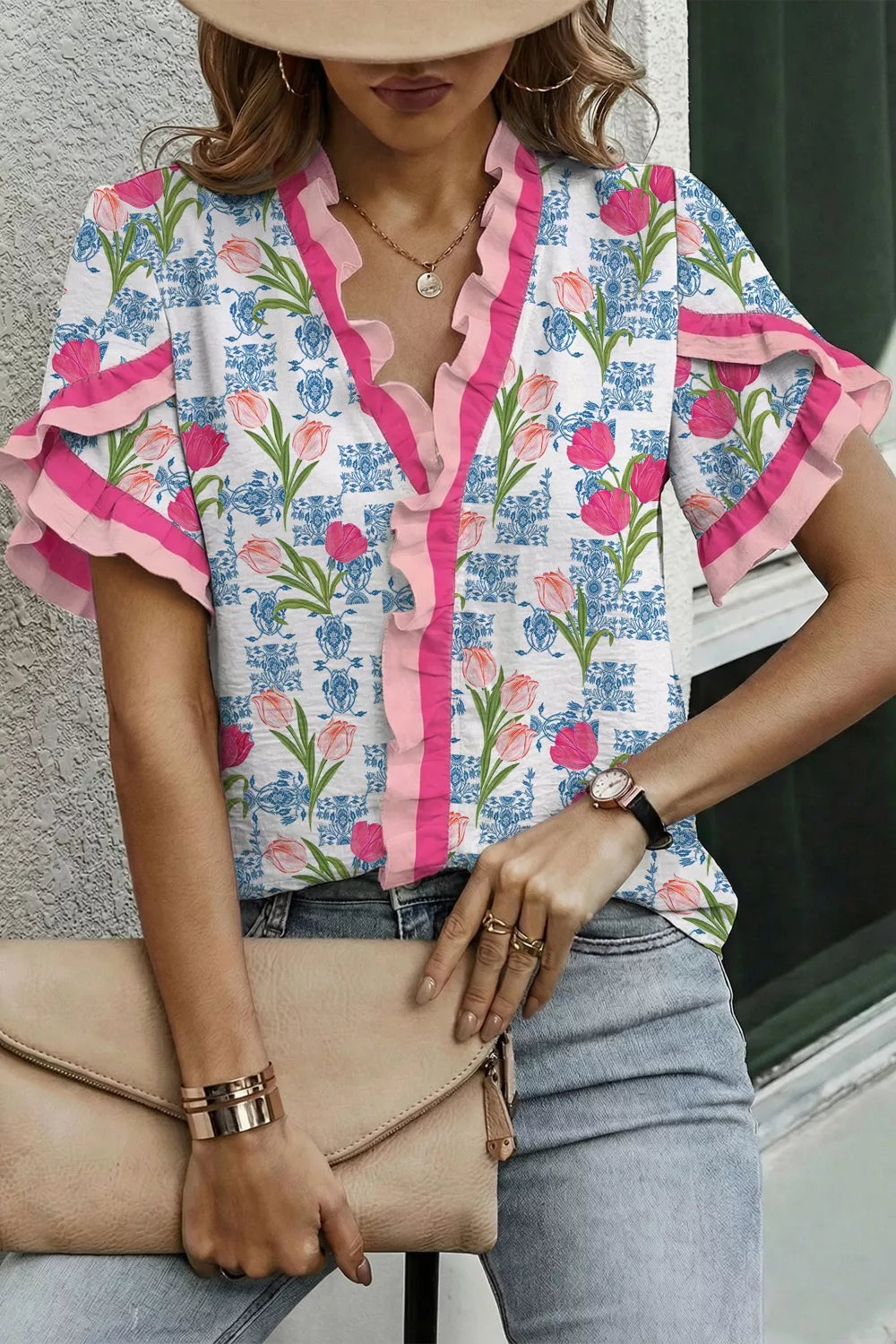 Floral Print Ruffle V-Neck Short Sleeve Loose Tunic Shirt