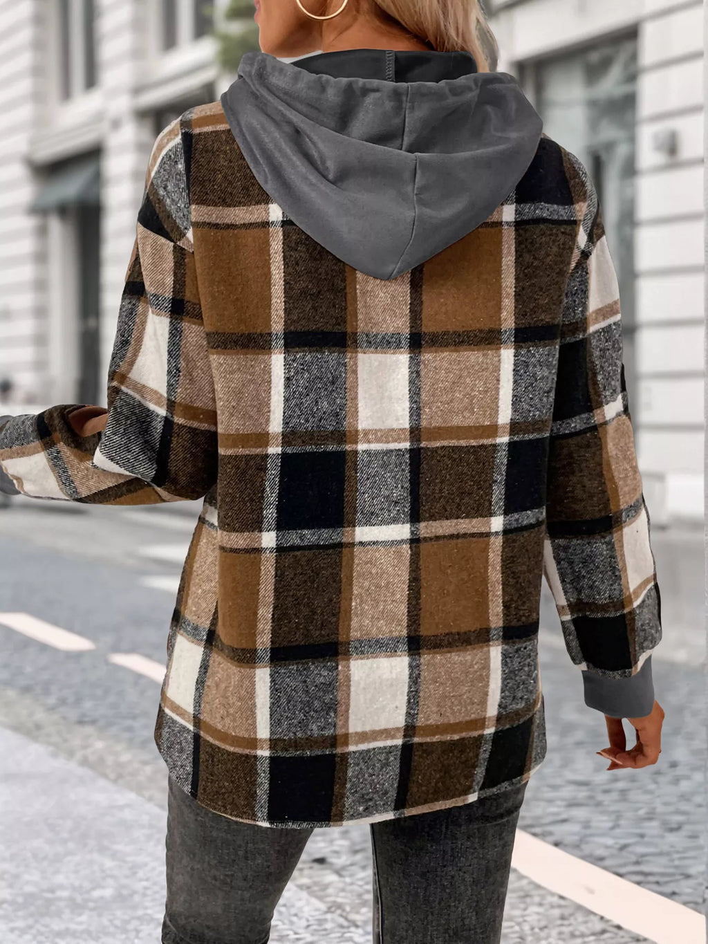Plaid Drawstring Long Sleeve Hoodie