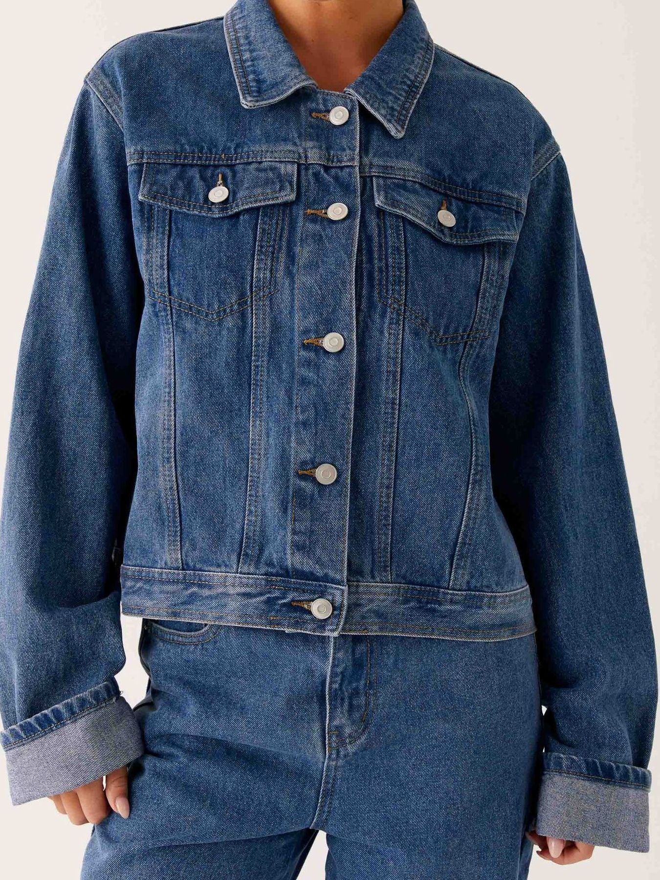 Button Down Cropped Oversized Denim Jacket