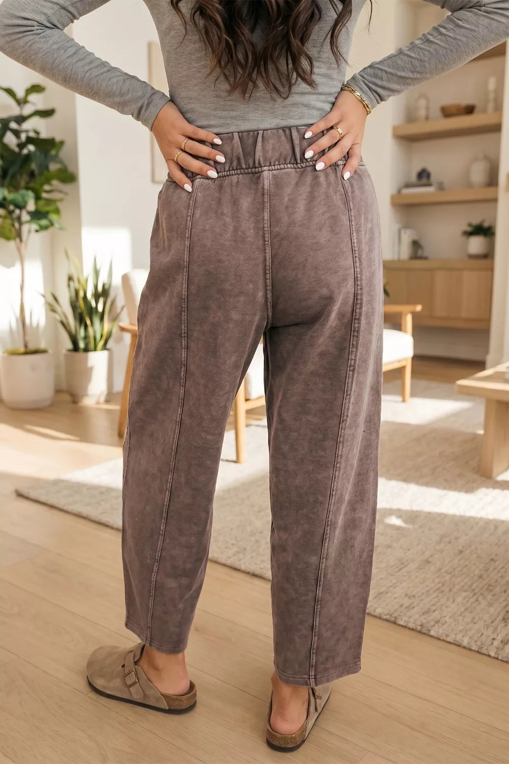 Mineral Wash Seam Detail Elastic Waist Barrel Pants