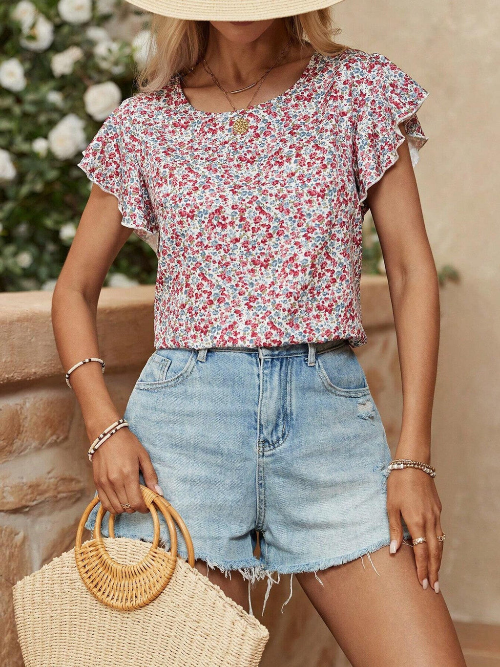 Floral Print Ruffle Sleeve Blouse
