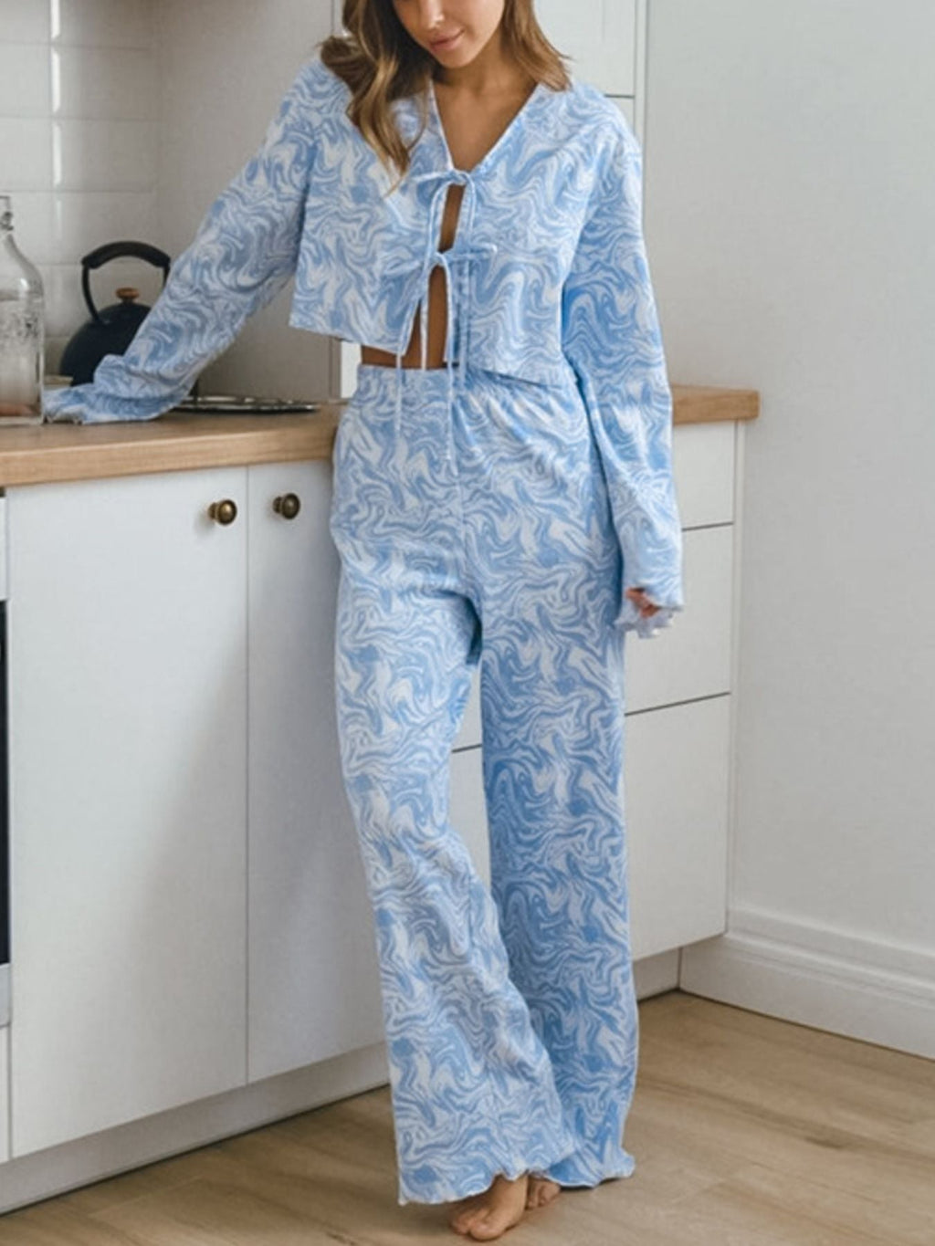 Tie Front Long Sleeve Top and Pants Lounge Set