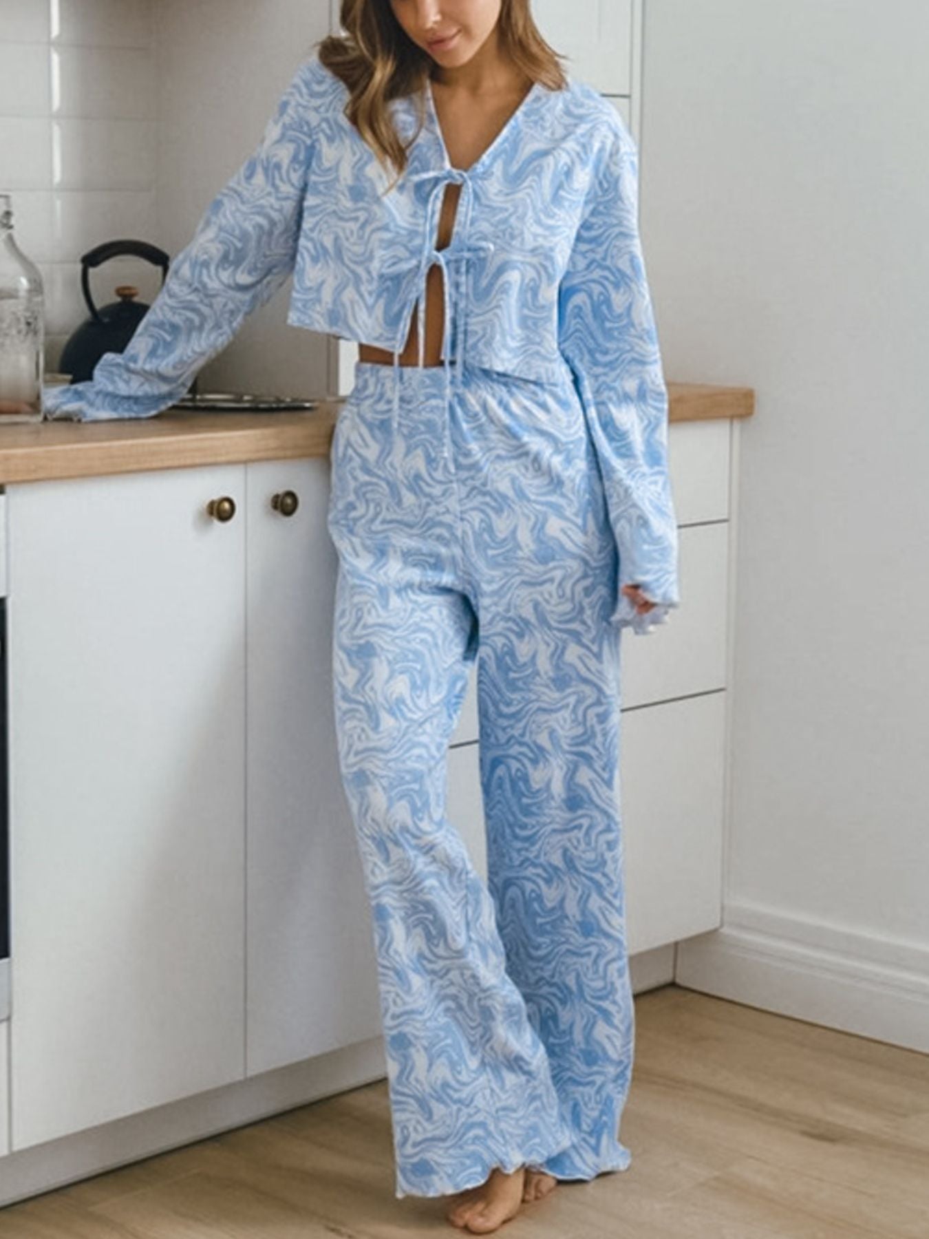 Tie Front Long Sleeve Top and Pants Lounge Set