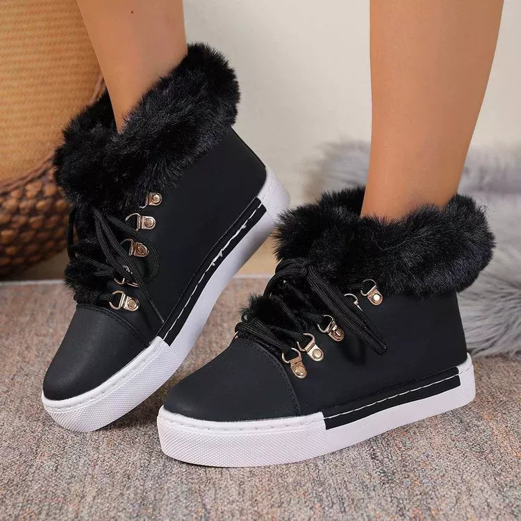 Fuzzy Trim Lace-Up Ankle Boots