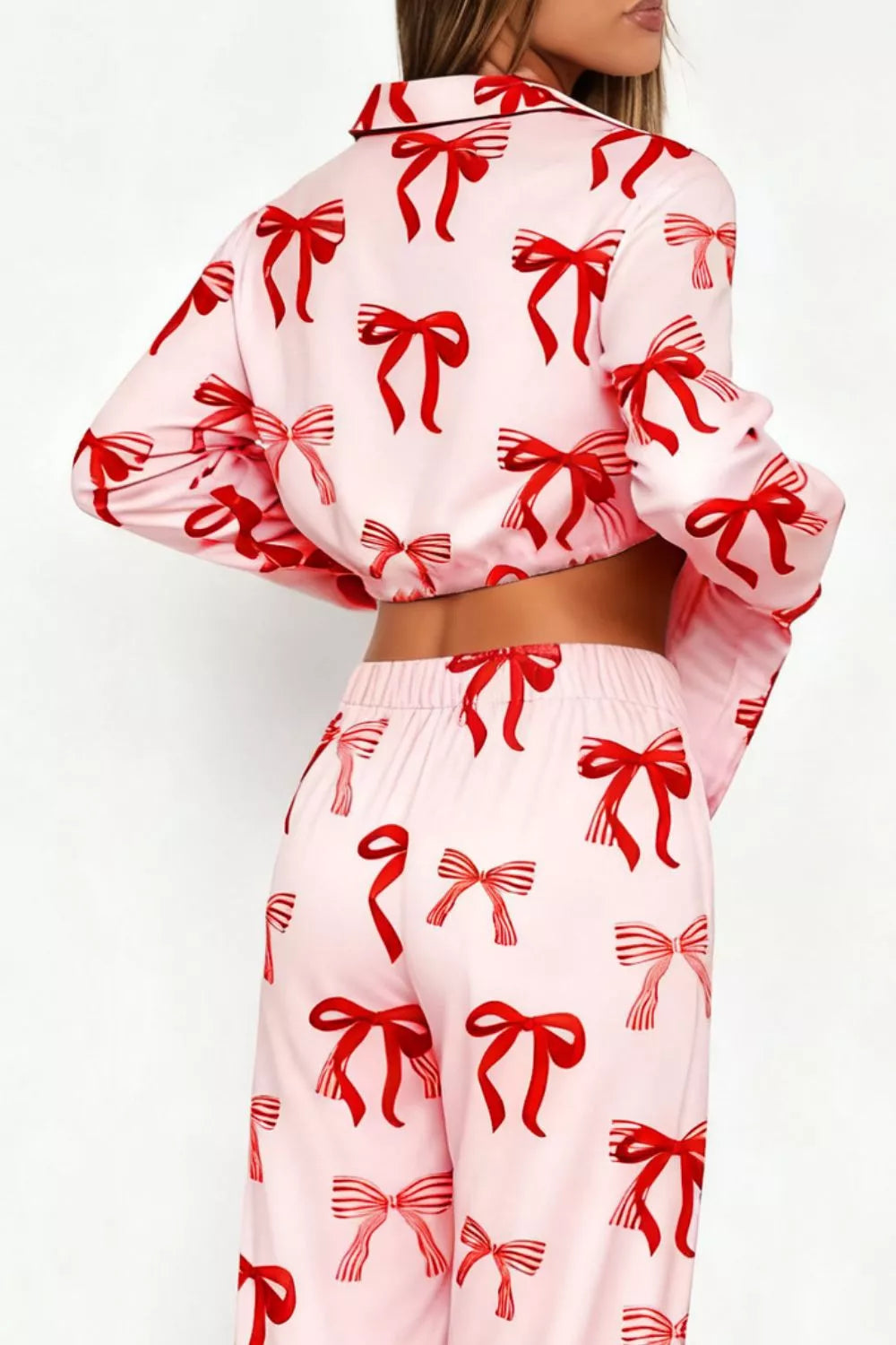 Bow Print Top and Wide Leg Pants Lounge Set