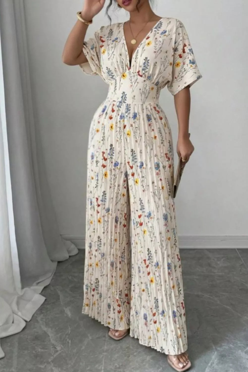 Floral Print Wide Leg Pleated Jumpsuit