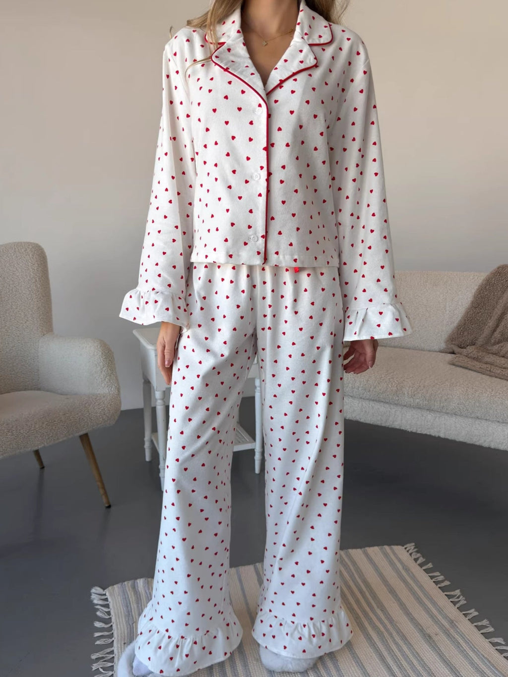 Heart Print Long Sleeve Top and Pants Lounge Set