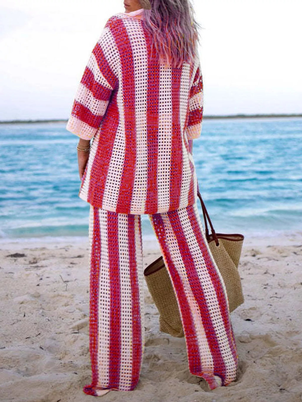 Striped Crochet Knit Shirt and Pants Set