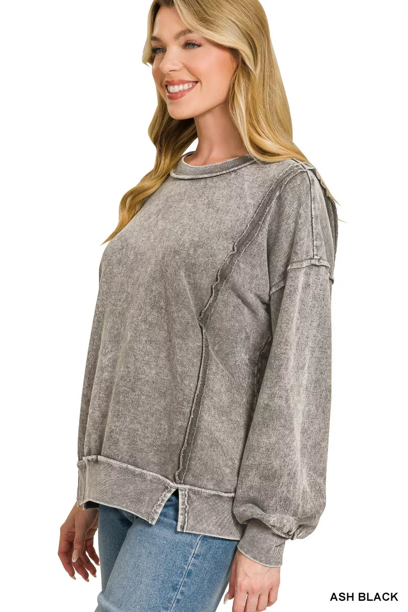 Zenana Snow Washed F/Terry Exposed-Seam Sweatshirt