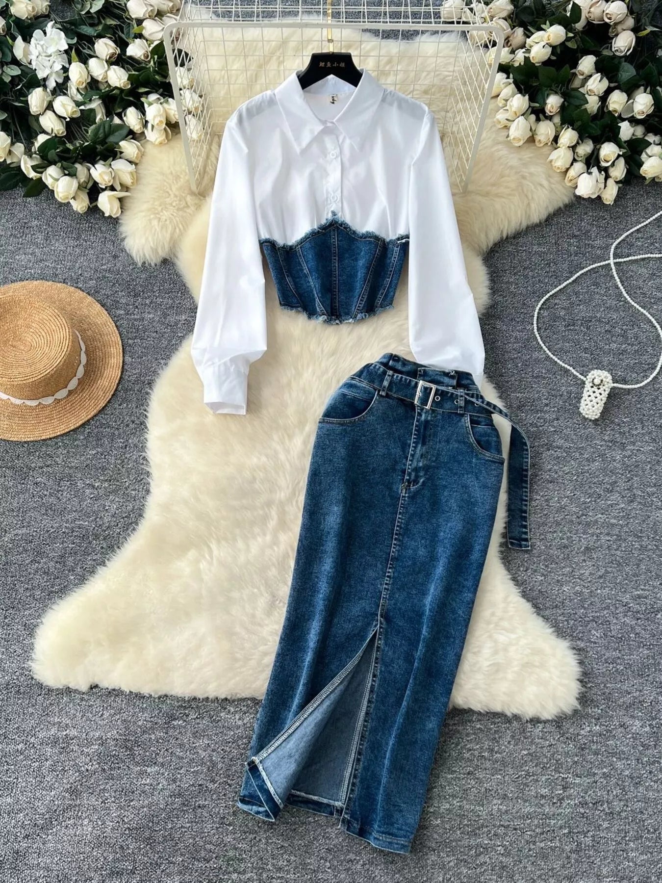 Frayed Denim Patchwork Top & Slit Maxi Skirt Denim Set