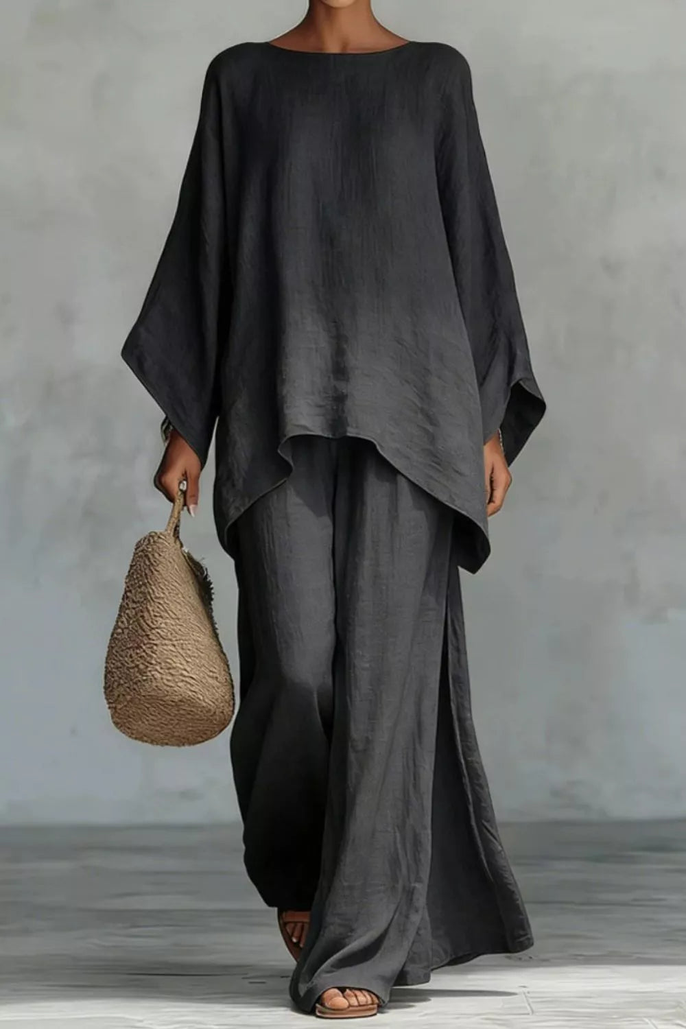 Solid Color Long Sleeve Top and Wide Leg Pants Set