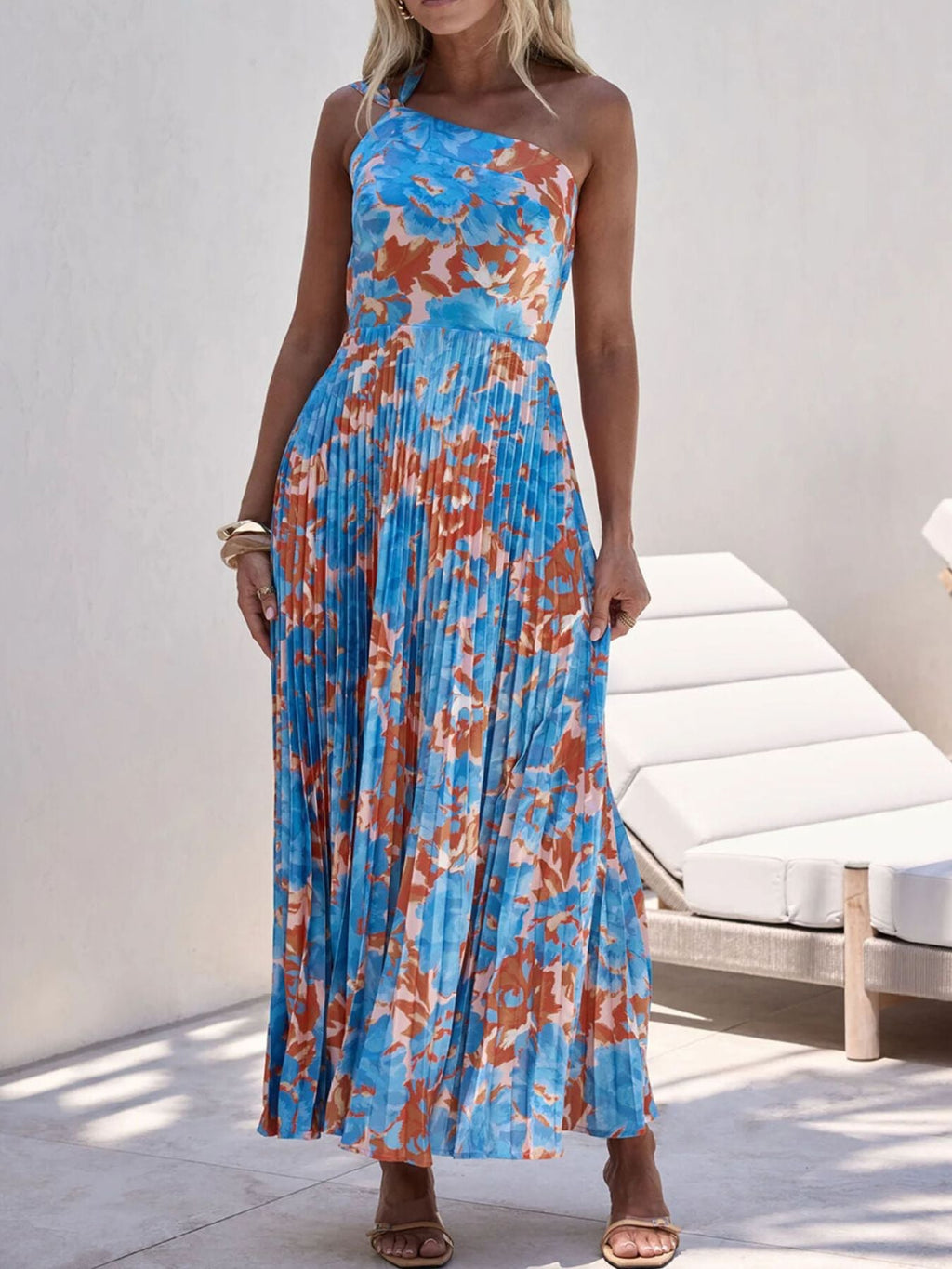 Floral Print One-Shoulder Pleated Dress