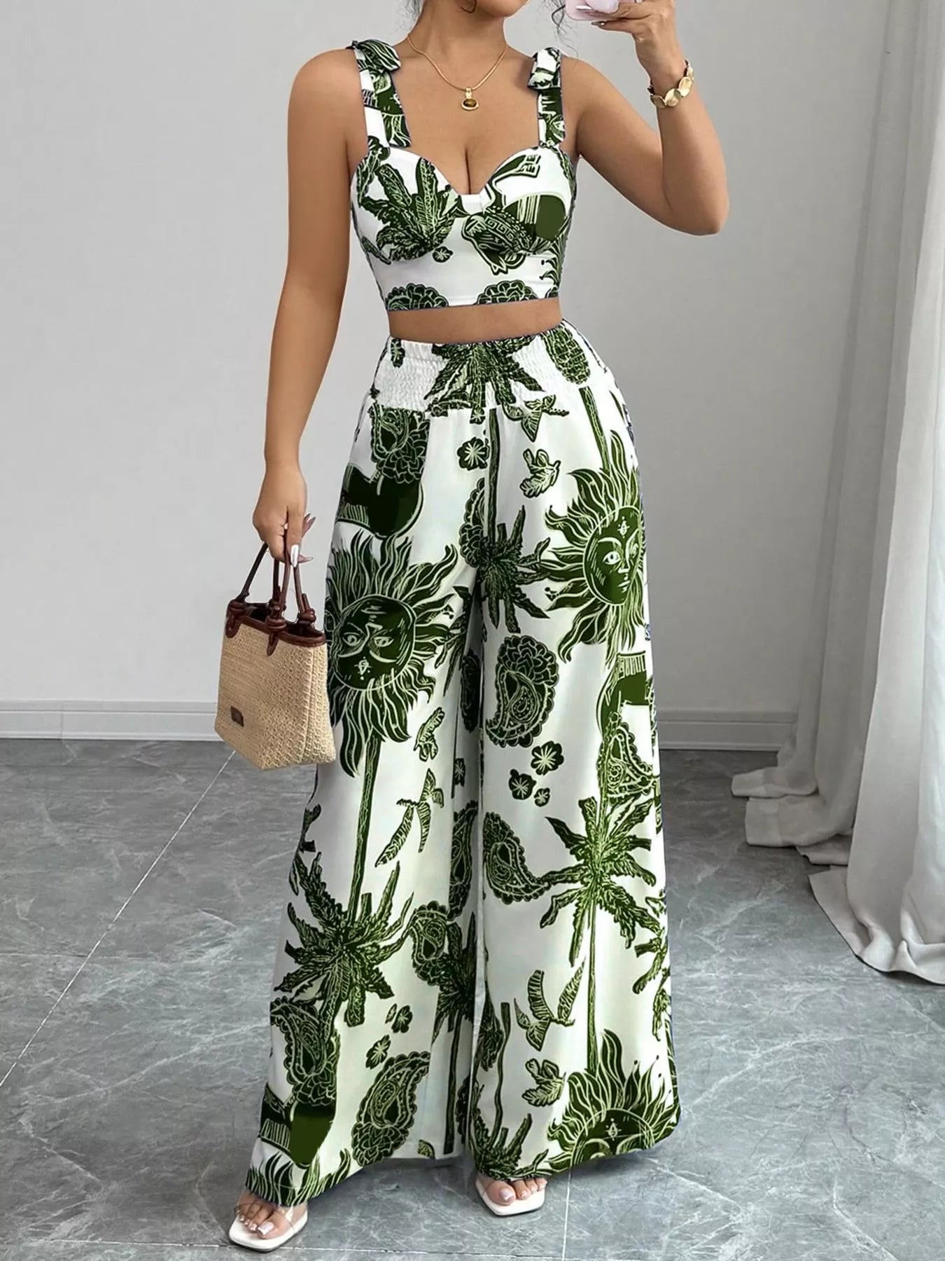 Floral Print Crop Top and Wide Leg Pants Set