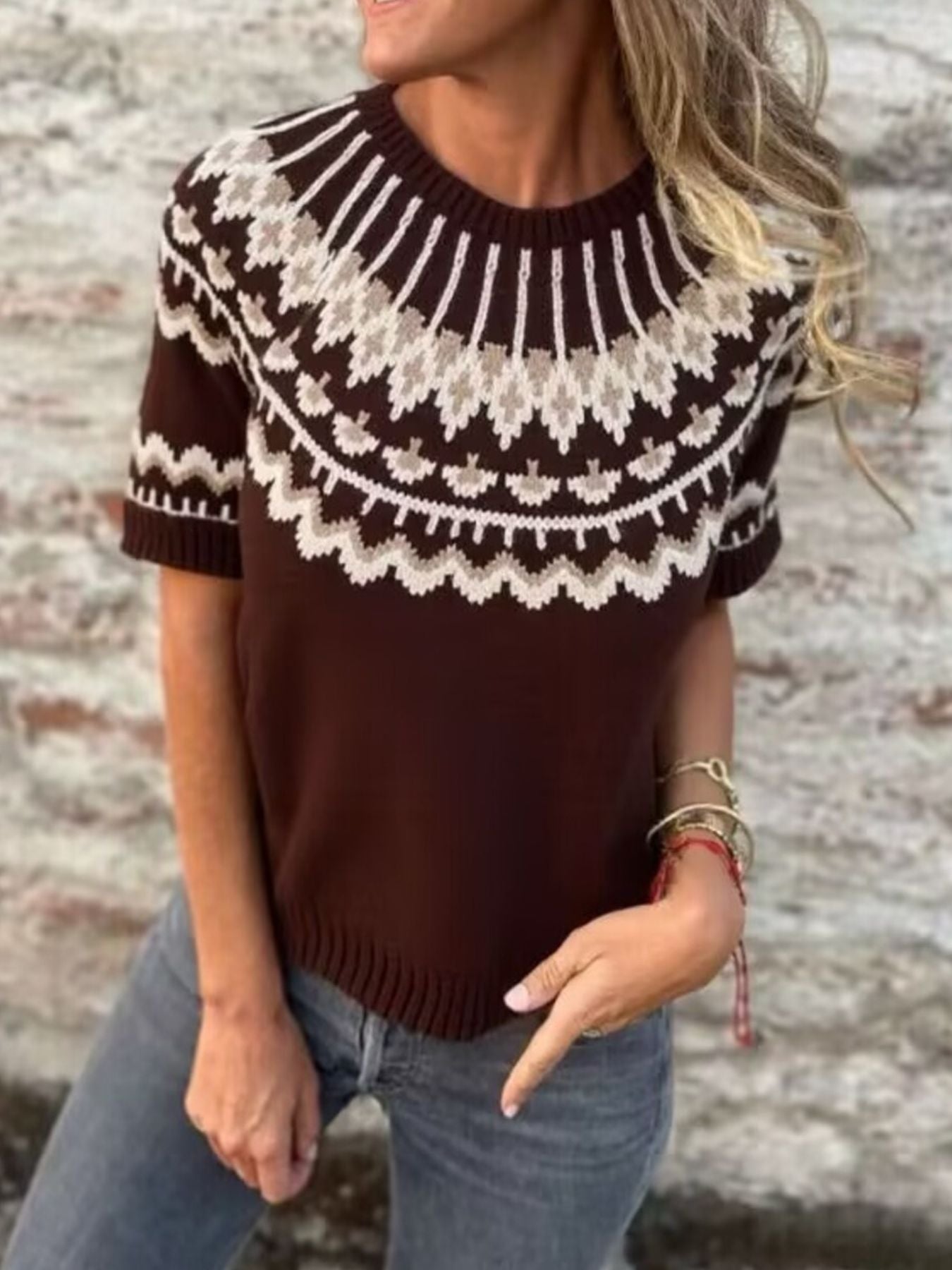 Vintage Patterned Short Sleeve Sweater
