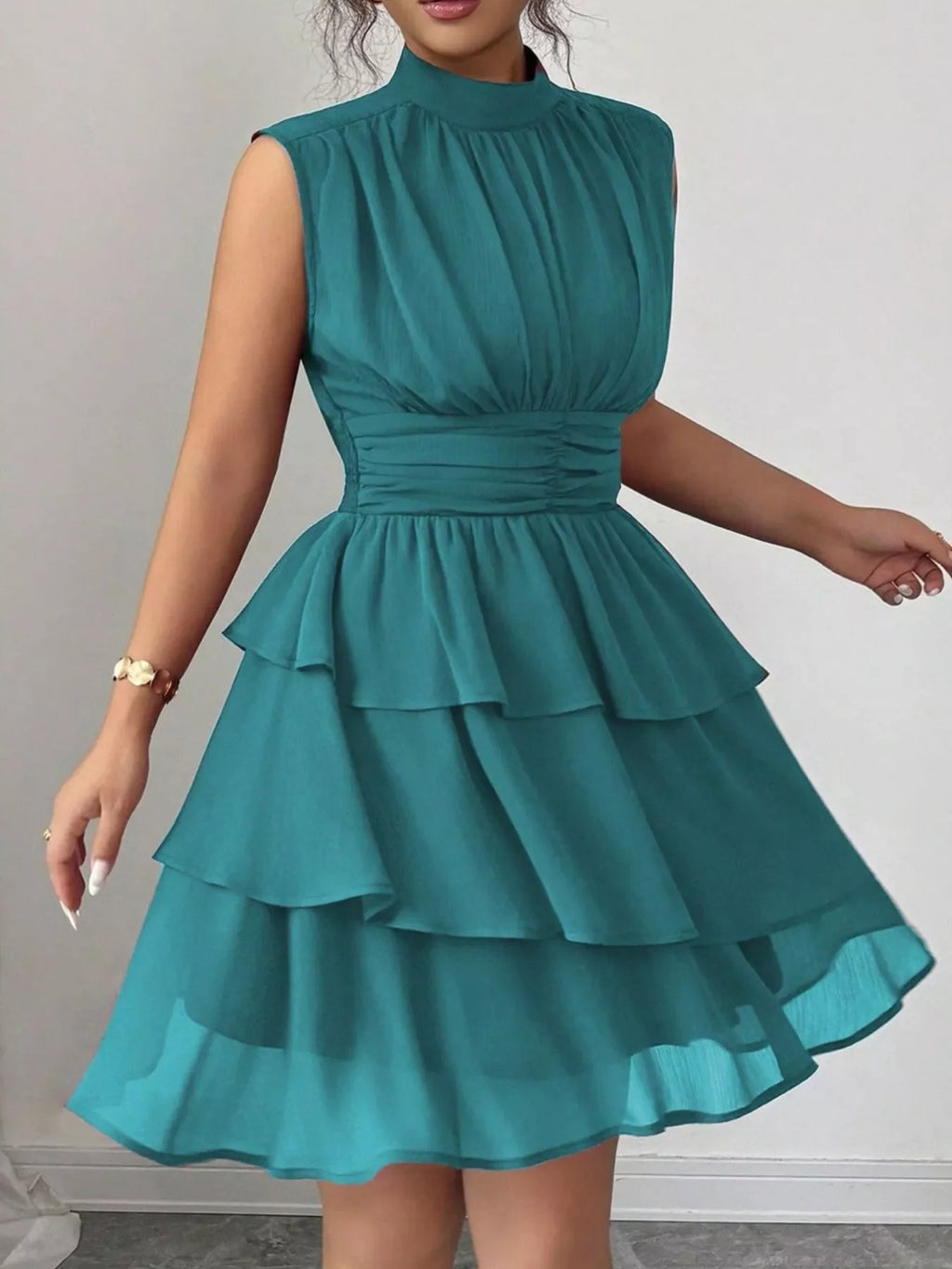 Sleeveless Mock Neck Layered Ruffle Dress