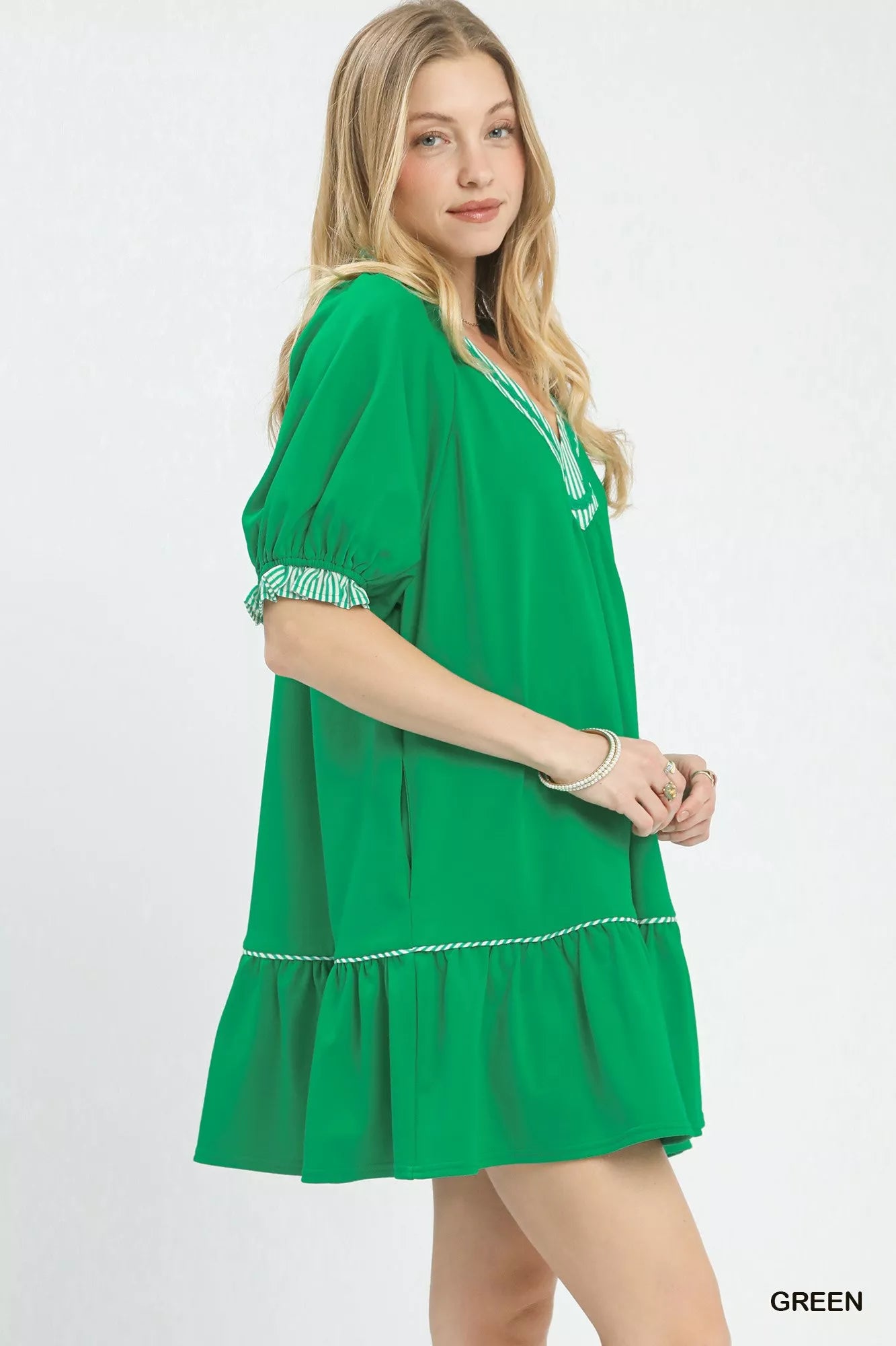 Umgee French Terry Mini Dress with Ruffled Striped Trim