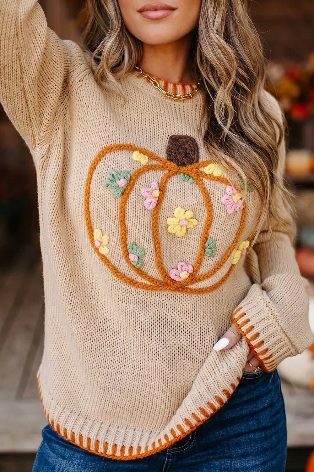 Floral Embroidery Pumpkin Long Sleeve Round Neck Sweater