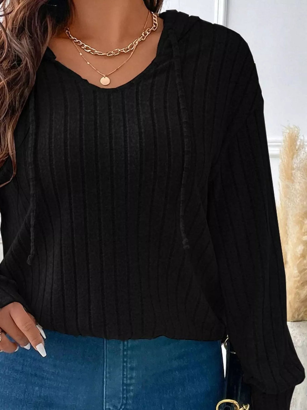 Ribbed Knit Drawstring Hooded T-Shirt