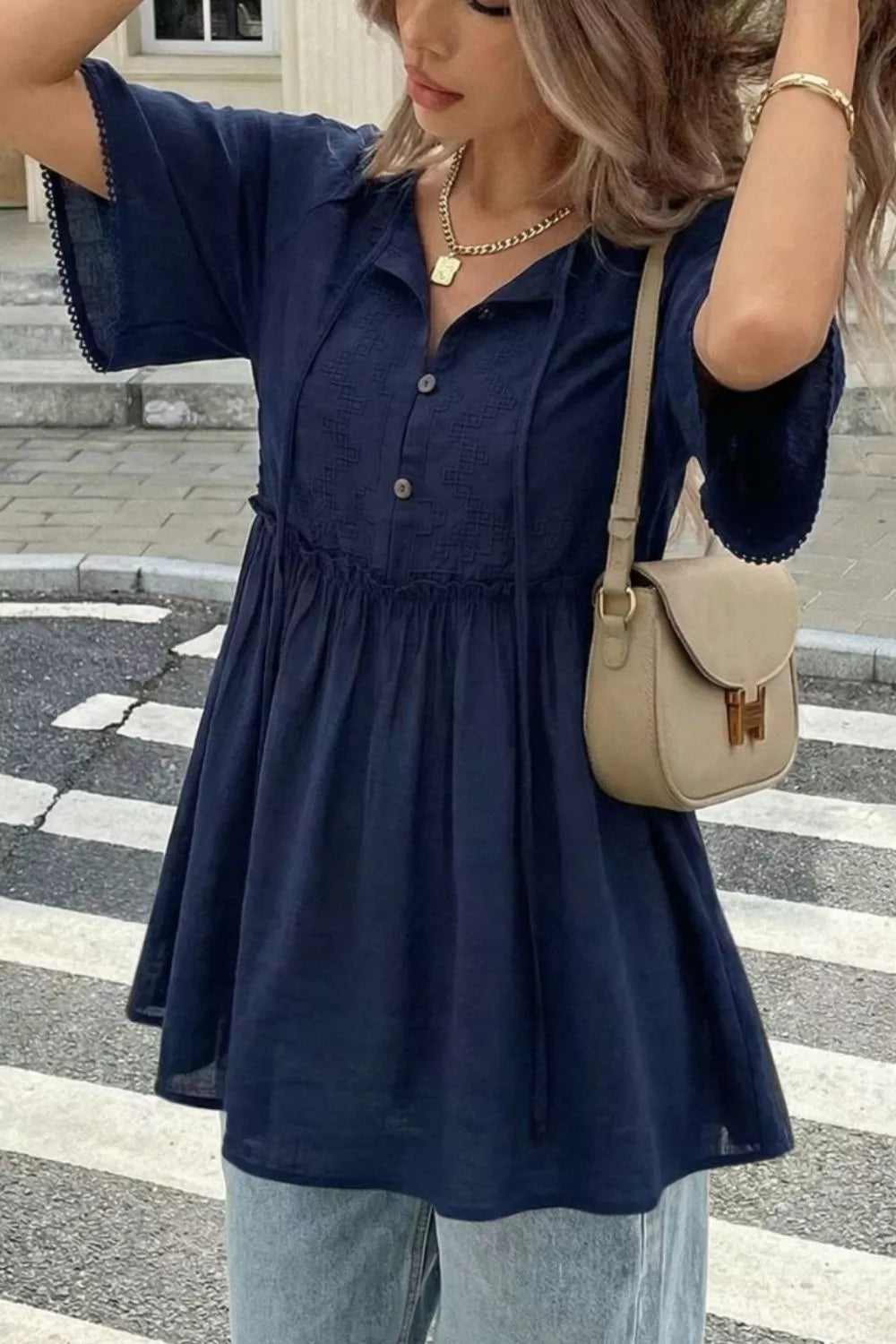 Ruffle Hem Tie Neck Blouse