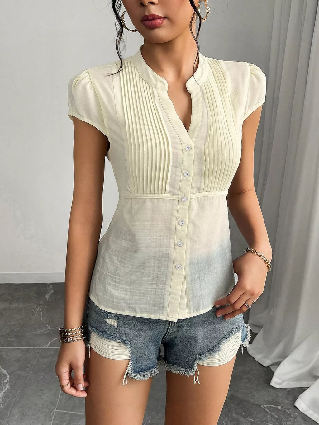 Button Up Cap Sleeve Shirt