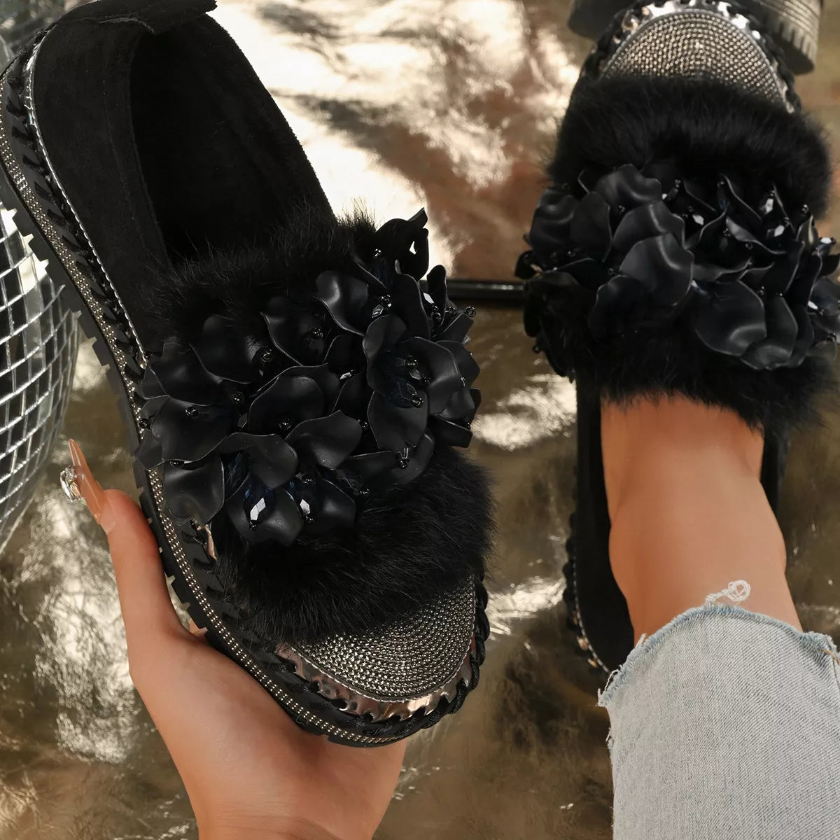 Fur-Trimmed Rhinestone Loafers