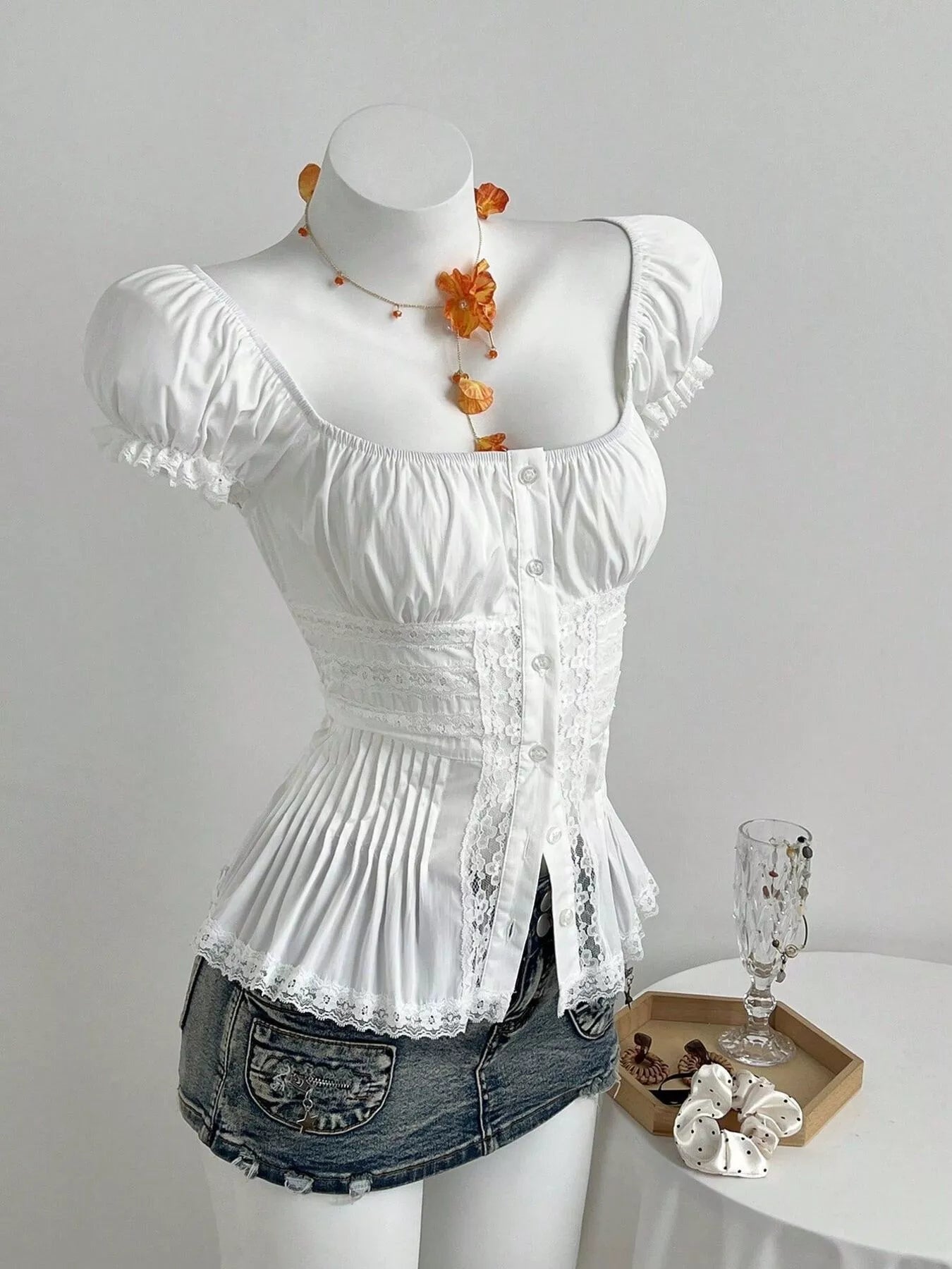 Lace Button Up Short Sleeve Shirt