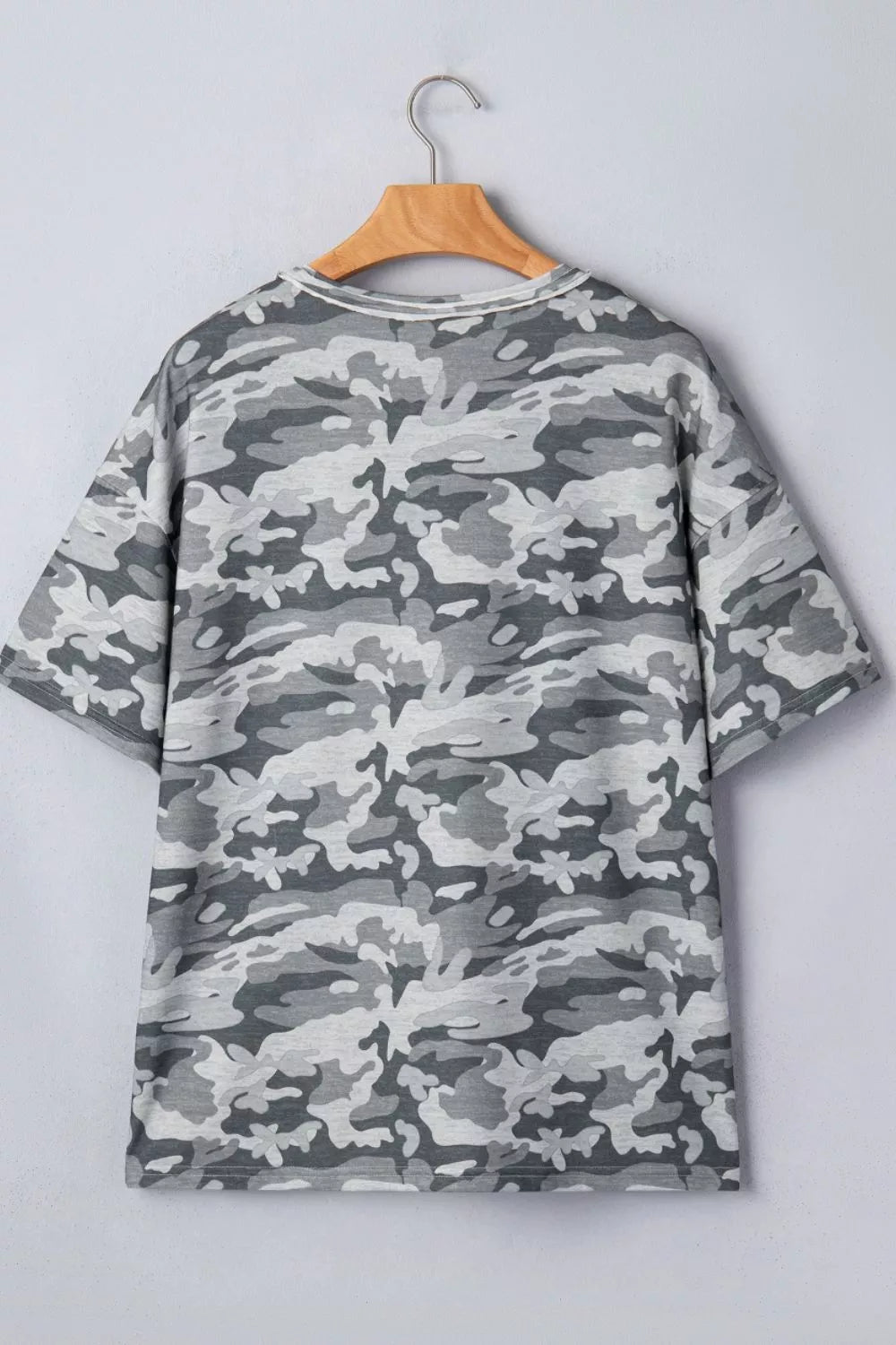 Camouflage Print Raw Edge V Neck Tee