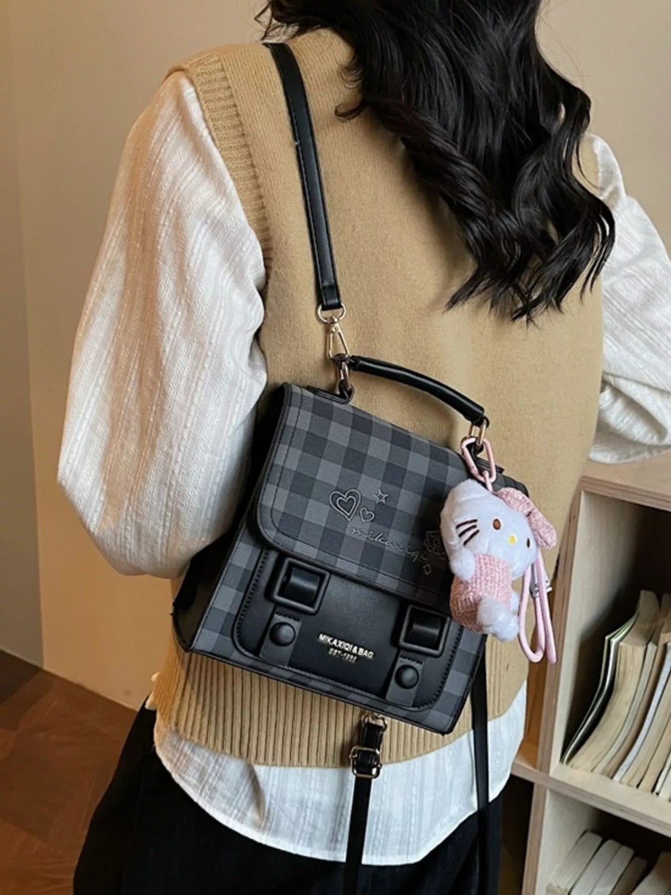 Plaid Pattern Embroidered Flap Backpack Bag