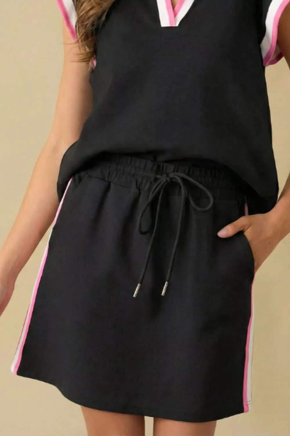 Contrast Trim Cap Sleeve Blouse and Skirt Set