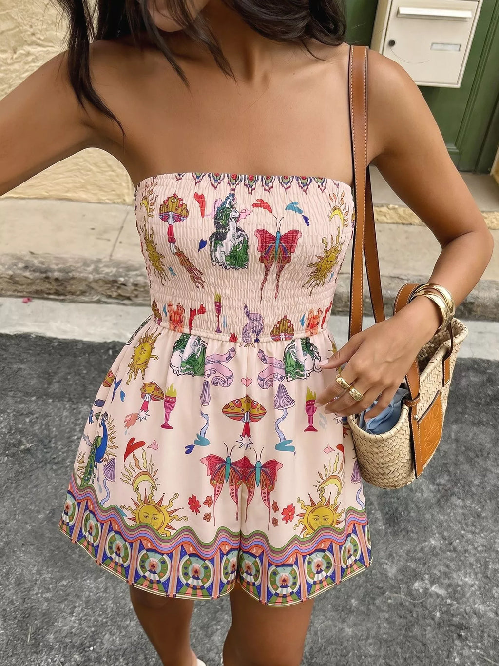 Butterfly Print Smocked Tube Romper