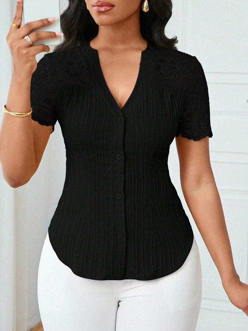 Lace Sleeve Button Up Shirt