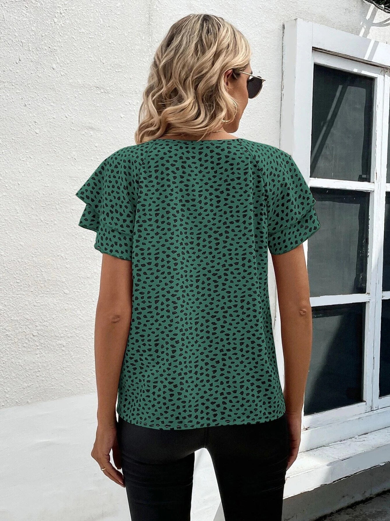 Animal Print Ruffle Sleeve Blouse