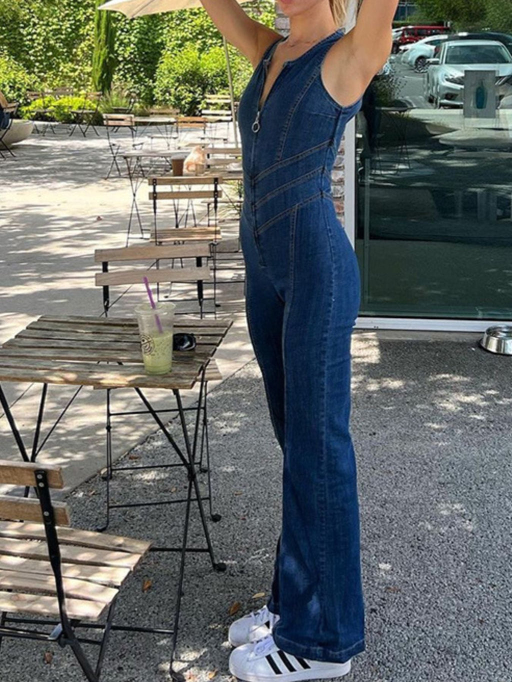 Zip Front Sleeveless Wide Leg Denim Jumpsuit