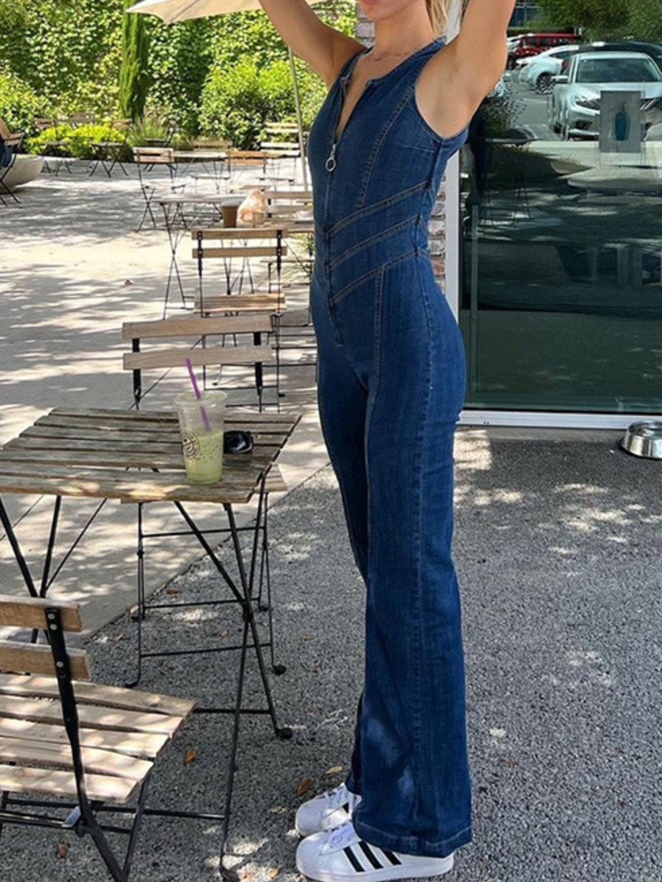 Zip Front Sleeveless Wide Leg Denim Jumpsuit