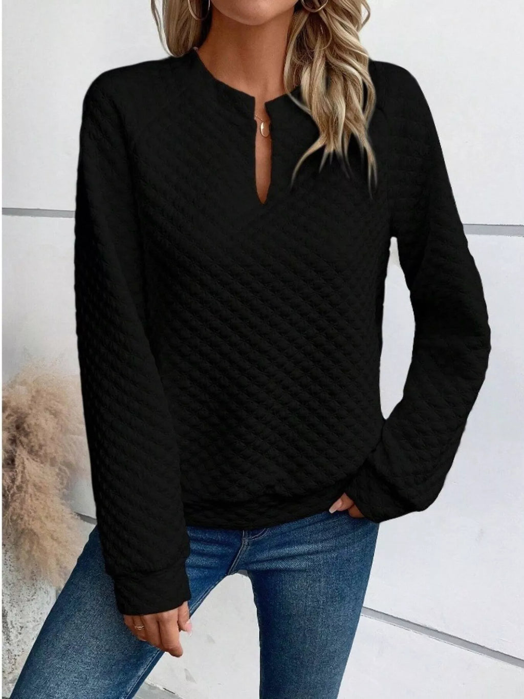 Textured Notched Raglan Sleeve Sweatshirt