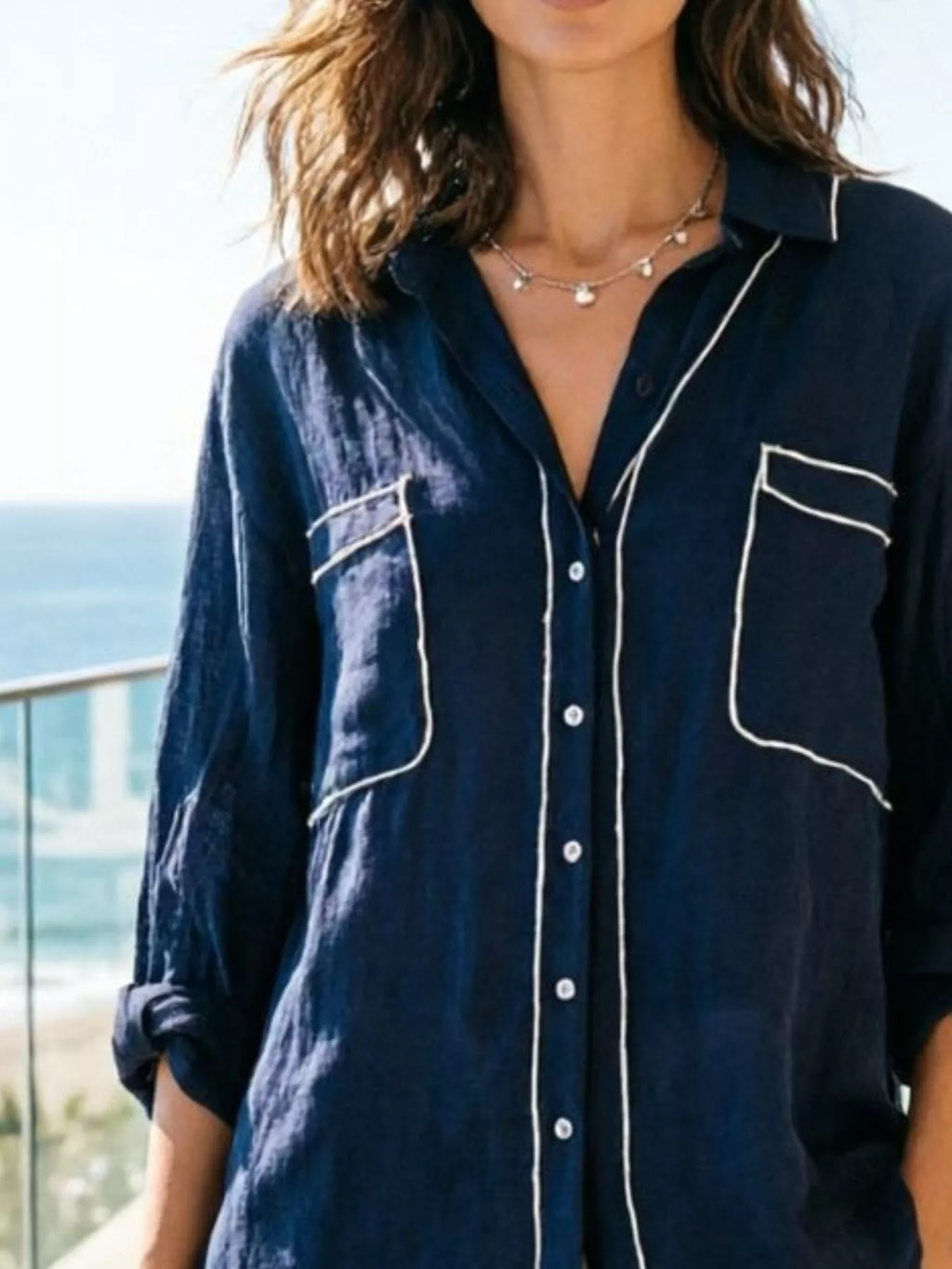 Contrast Trim Button Up Long Sleeve Shirt